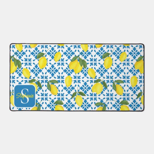 Monogram Name Blue French Tile Lemon Pattern Bureaumat (Voorkant)