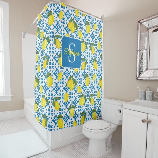Monogram Name Blue French Tile Lemon Pattern  Douchegordijn (In situ)