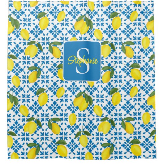 Monogram Name Blue French Tile Lemon Pattern Douchegordijn (Voorkant)