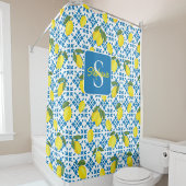 Monogram Name Blue French Tile Lemon Pattern  Douchegordijn