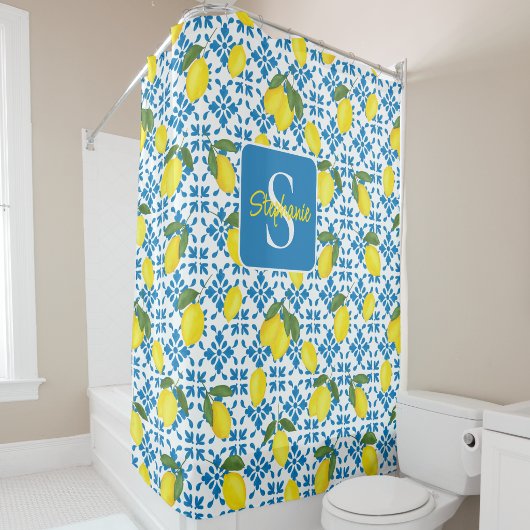 Monogram Name Blue French Tile Lemon Pattern  Douchegordijn