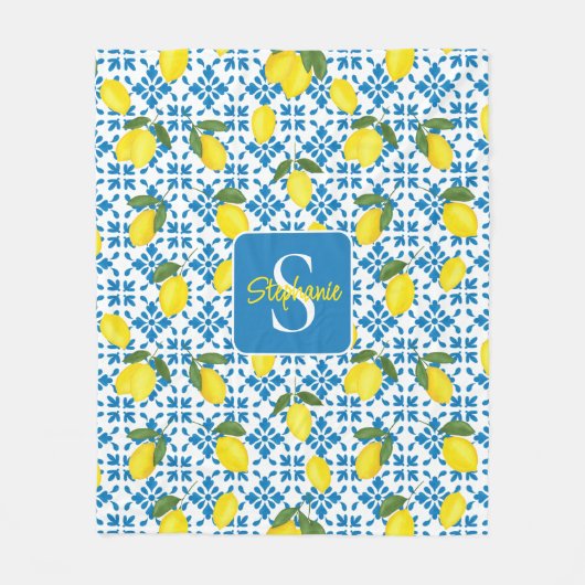 Monogram Name Blue French Tile Lemon Pattern Fleece Deken (Voorkant)
