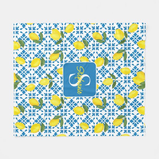 Monogram Name Blue French Tile Lemon Pattern Fleece Deken (Voorkant (Horizontaal))