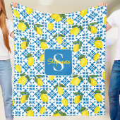 Monogram Name Blue French Tile Lemon Pattern Fleece Deken