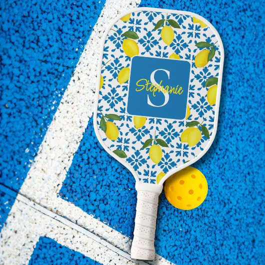 Monogram Name Blue French Tile Lemon Pattern  Pickleball Paddle