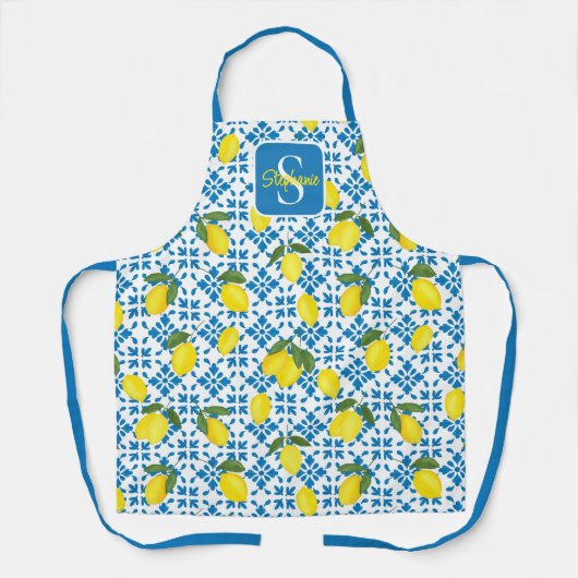 Monogram Name Blue French Tile Lemon Pattern Schort (Voorkant)