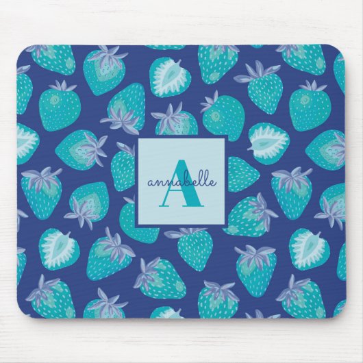 Monogram Name Blue Summer Strawberry Pattern Muismat (Voorkant)