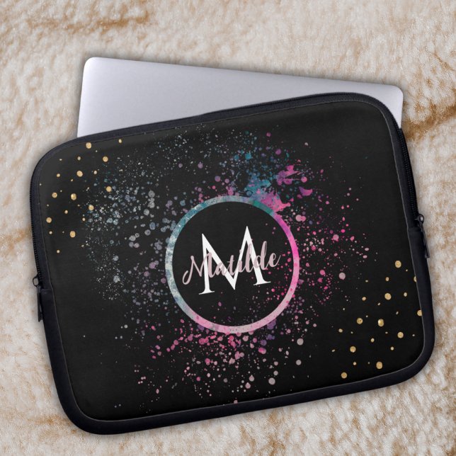 Monogram Name Faux Gold Glitter Girly Glam Black Laptop Sleeve (Creator heeft geüpload)