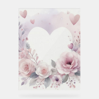 Monogram name floral hearts romantic watercolor acryl bord