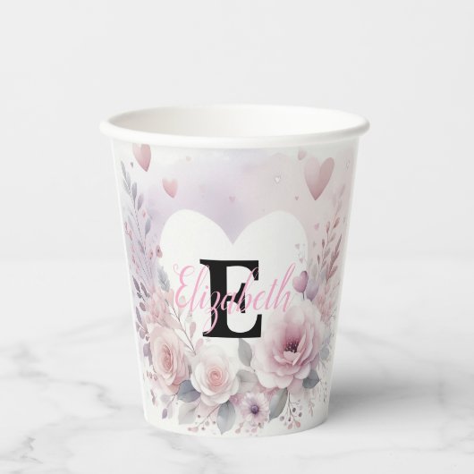 Monogram name floral hearts romantic watercolor papieren bekers (Voorkant)