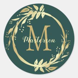 Monogram Name Gold Emerald Green Kerstmis Wreath Ronde Sticker