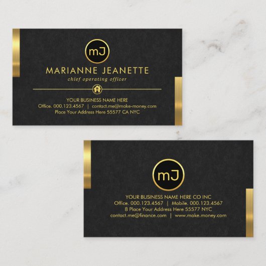 Monogram Name Grey Grunge Gold Tabs Visitekaartje (Voorkant / Achterkant)