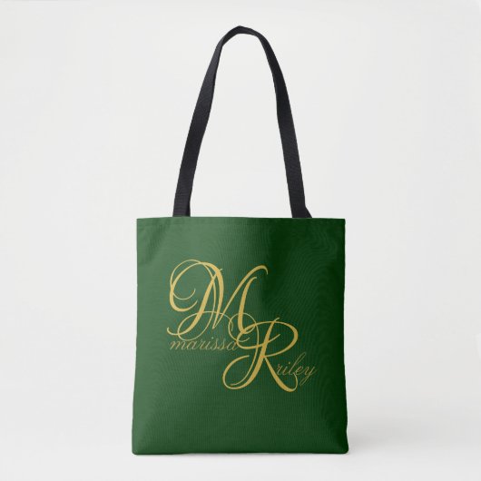Monogram Name Initiaal Green Elegant Script Tote Bag (Voorkant)