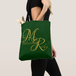 Monogram Name Initiaal Green Elegant Script Tote Bag