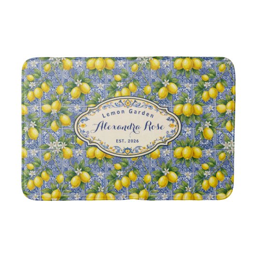 Monogram Name Lemon Blue French Country Tile Badmat (Voorkant)