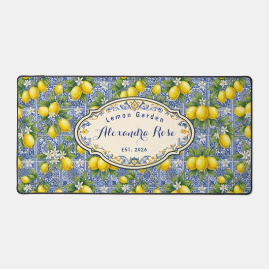 Monogram Name Lemon Blue French Country Tile Bureaumat (Voorkant)