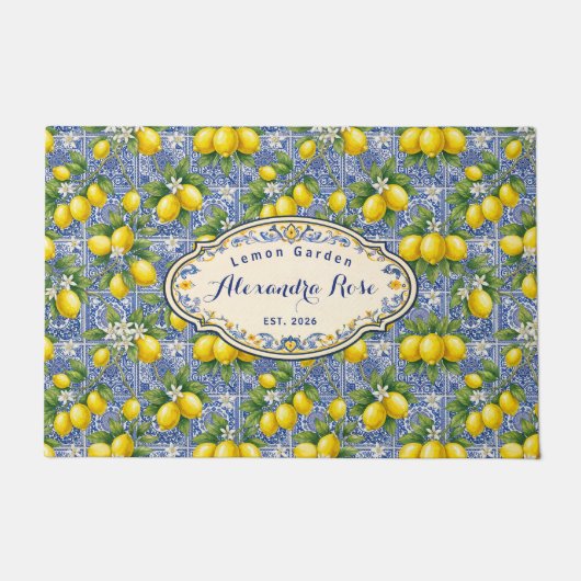 Monogram Name Lemon Blue French Country Tile Deurmat (Voorkant)