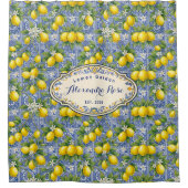 Monogram Name Lemon Blue French Country Tile  Douchegordijn (Voorkant)