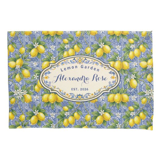 Monogram Name Lemon Blue French Country Tile  Kussensloop (Voorkant)
