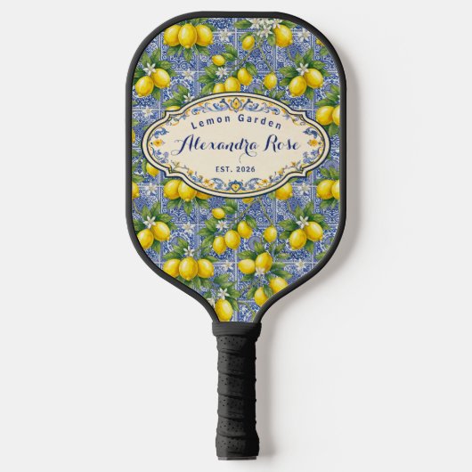 Monogram Name Lemon Blue French Country Tile  Pickleball Paddle (Voorkant)