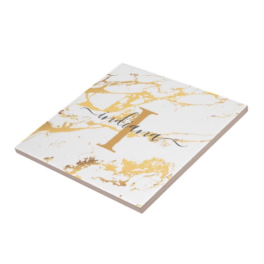 Monogram Name Script Initiaal Gold Marble Pattern Tegeltje (Zijkant)