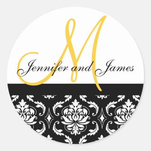 Monogram & Namen Damask Geel Bruiloft Sticker (Voorkant)