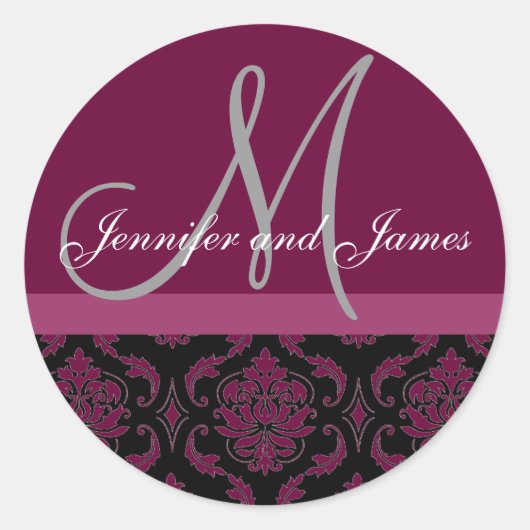 Monogram & Namen Damask Wijngrijs Bruiloft Sticker (Voorkant)