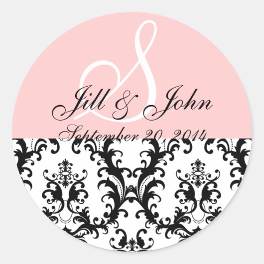Monogram Namen Datum Damask Roze bruiloft Sticker (Voorkant)