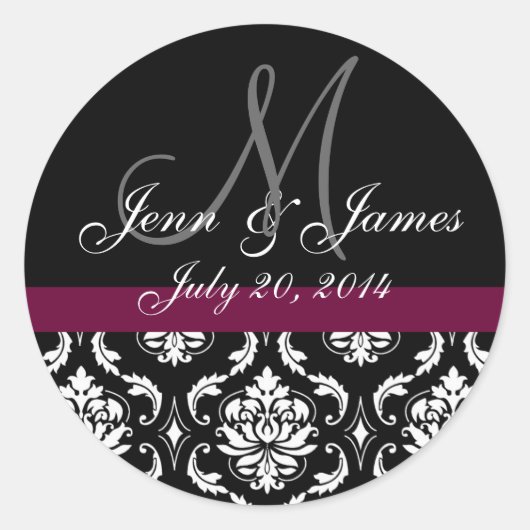 Monogram Namen Datum Wijn Damast Bruiloft Seal Ronde Sticker (Voorkant)
