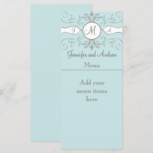 Monogram Namen Trouwmenu Kaarten Blauw (Voorkant / Achterkant)