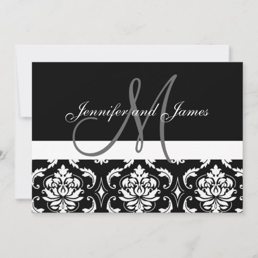 Monogram Names Black Damask Wedding Invitations Kaart (Voorkant)
