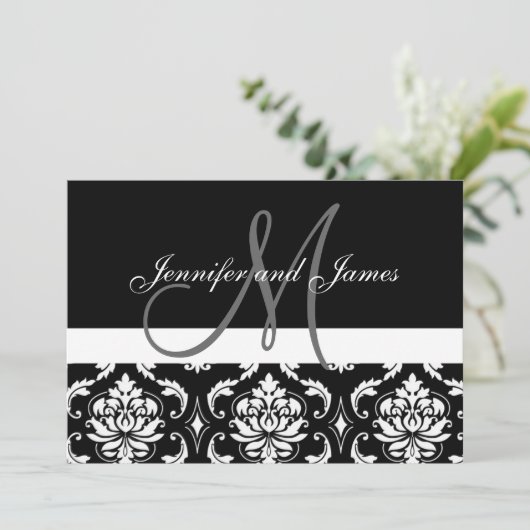 Monogram Names Black Damask Wedding Invitations Kaart (Staand voorkant)