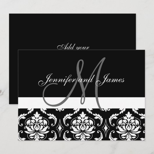 Monogram Names Black Damask Wedding Invitations Kaart (Voorkant / Achterkant)