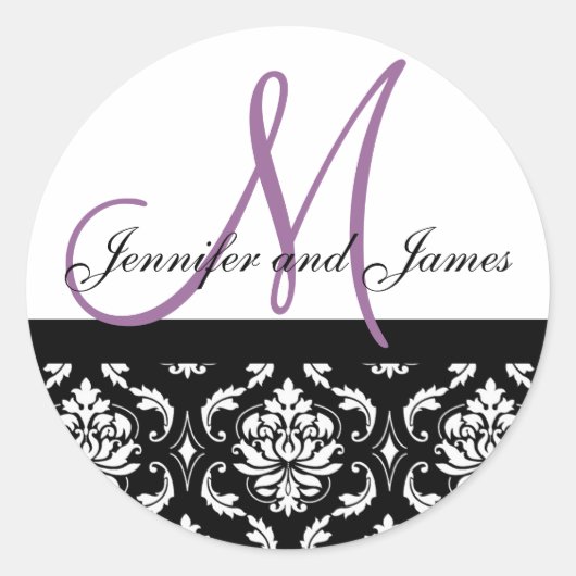 Monogram & Names Damask Plum Wedding Sticker (Voorkant)
