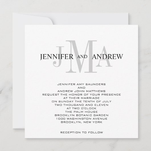 Monogram Names Wedding Invitting Black White Kaart (Voorkant)