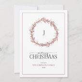 Monogram Natural Red Berry Wreath Merry Kerstmis Feestdagenkaart (Voorkant)
