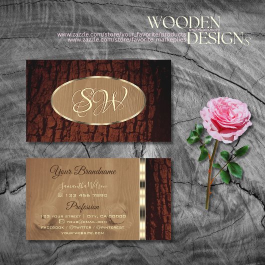 Monogram natuurlijke boom Bark Graan Oval Gold Bor Visitekaartje