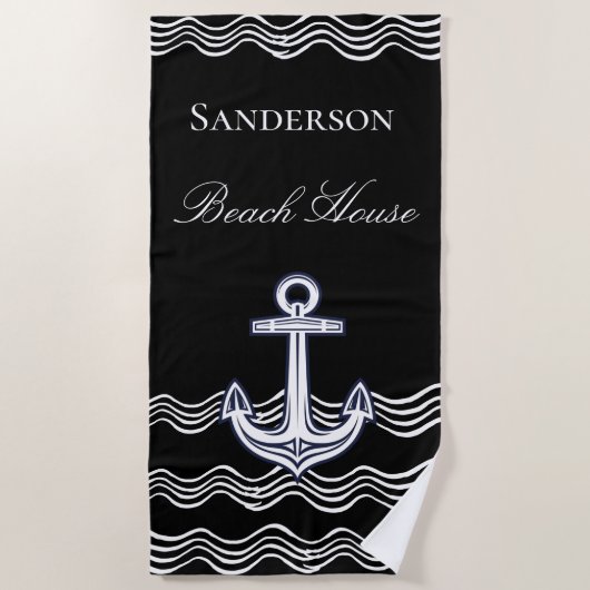 Monogram Nautical Anchor Black White Beach House Strandlaken (Voorkant)