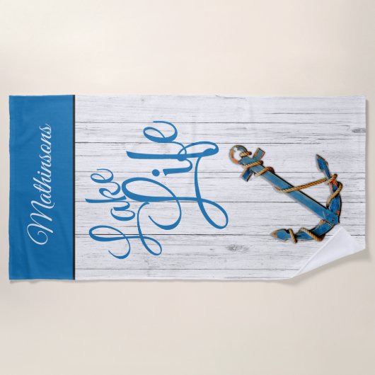 Monogram Nautical Anchor Blue Lake Life Strandlaken (Voorkant)