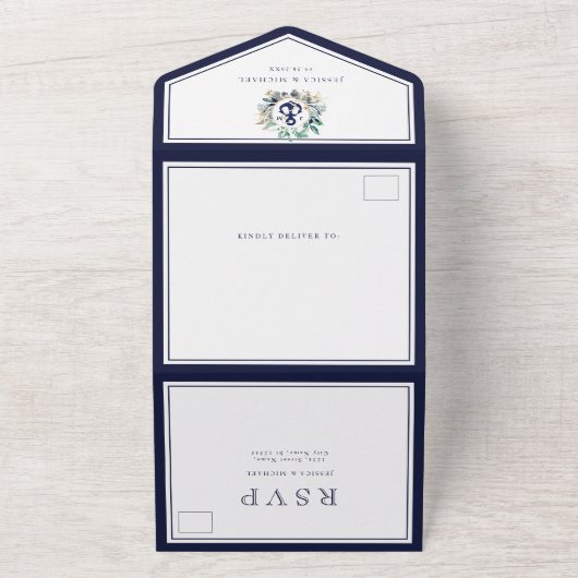 Monogram Nautical Anchor Greenery Navy Wedding All In One Uitnodiging (Buitenkant)