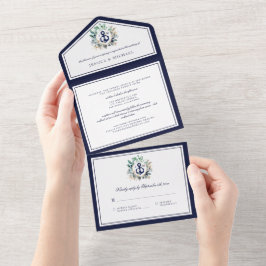 Monogram Nautical Anchor Greenery Navy Wedding All In One Uitnodiging