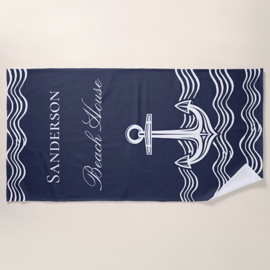 Monogram Nautical Anchor Navy Blue Beach House Strandlaken (Voorkant)