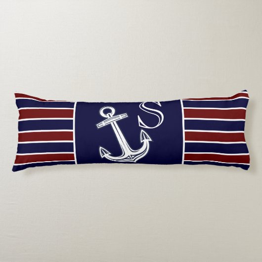 Monogram Nautical Anchor Navy Blue maroon gestreep Lichaamskussen (Voorkant)