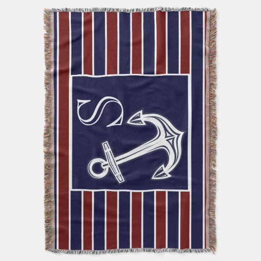 Monogram Nautical Anchor Navy Blue Maroon strepen Deken (Voorkant Verticaal)
