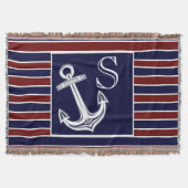 Monogram Nautical Anchor Navy Blue Maroon strepen Deken (Voorkant)
