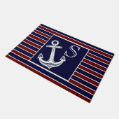 Monogram Nautical Anchor Navy Blue Maroon strepen Deurmat (Schuin)