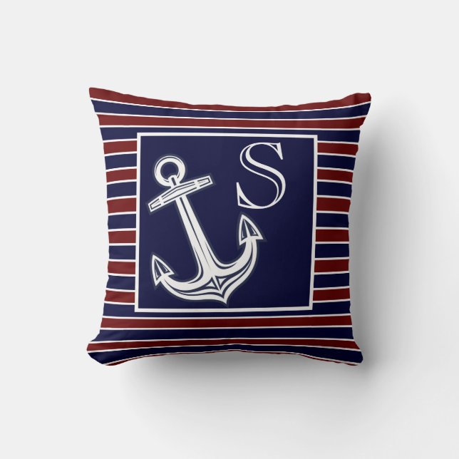 Monogram Nautical Anchor Navy Blue Maroon strepen Kussen (Voorkant)