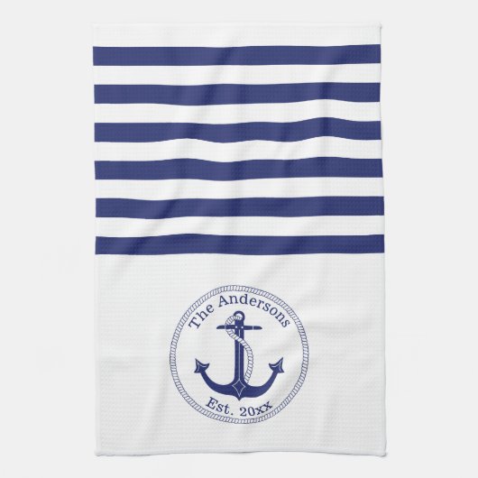 Monogram Nautical Anchor Navy Blue Stripes Family Theedoek (Verticaal)