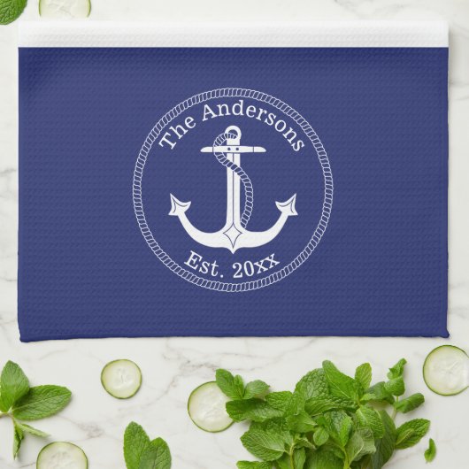 Monogram Nautical Anchor Navy Blue Stripes Family Theedoek (Gevouwen)