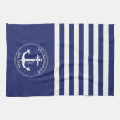 Monogram Nautical Anchor Navy Blue Stripes Family Theedoek (Horizontaal)